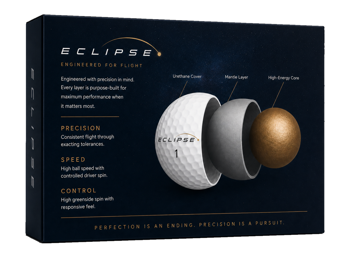 Eclipse packaging, back: three-piece construction with urethane cover, mantle layer and high-energy core